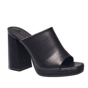 French Connection Pilar Slip On Chunky Heel Sandal Mules Black Vegan Leather 8.5